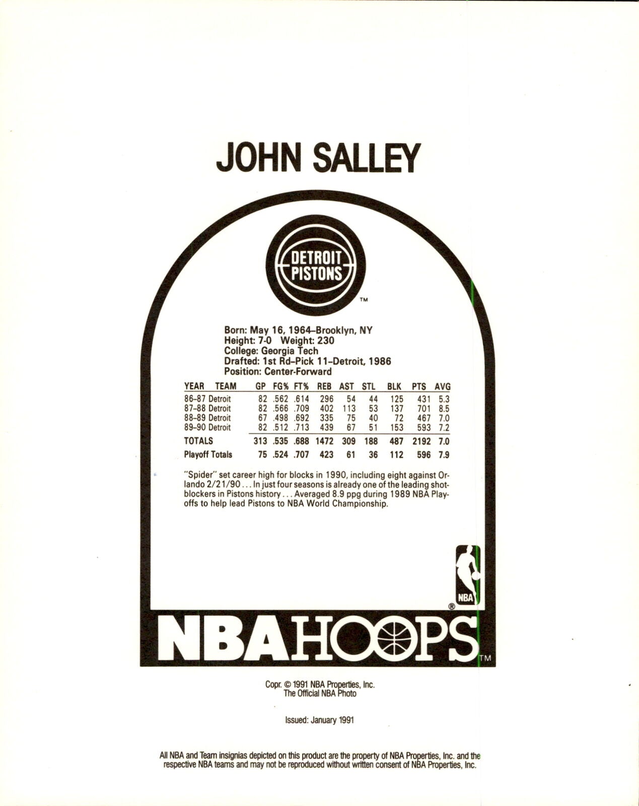 John Salley Detroit Pistons Signed/Autographed 8x10 Photo JSA 160939