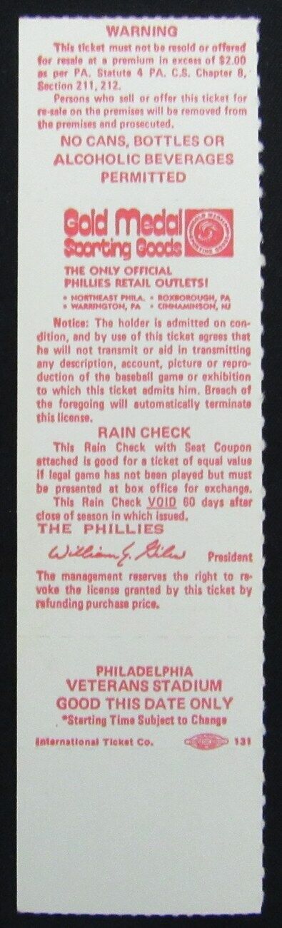 1982 Phillies vs. New York Mets Full Ticket at Veterans Stadium