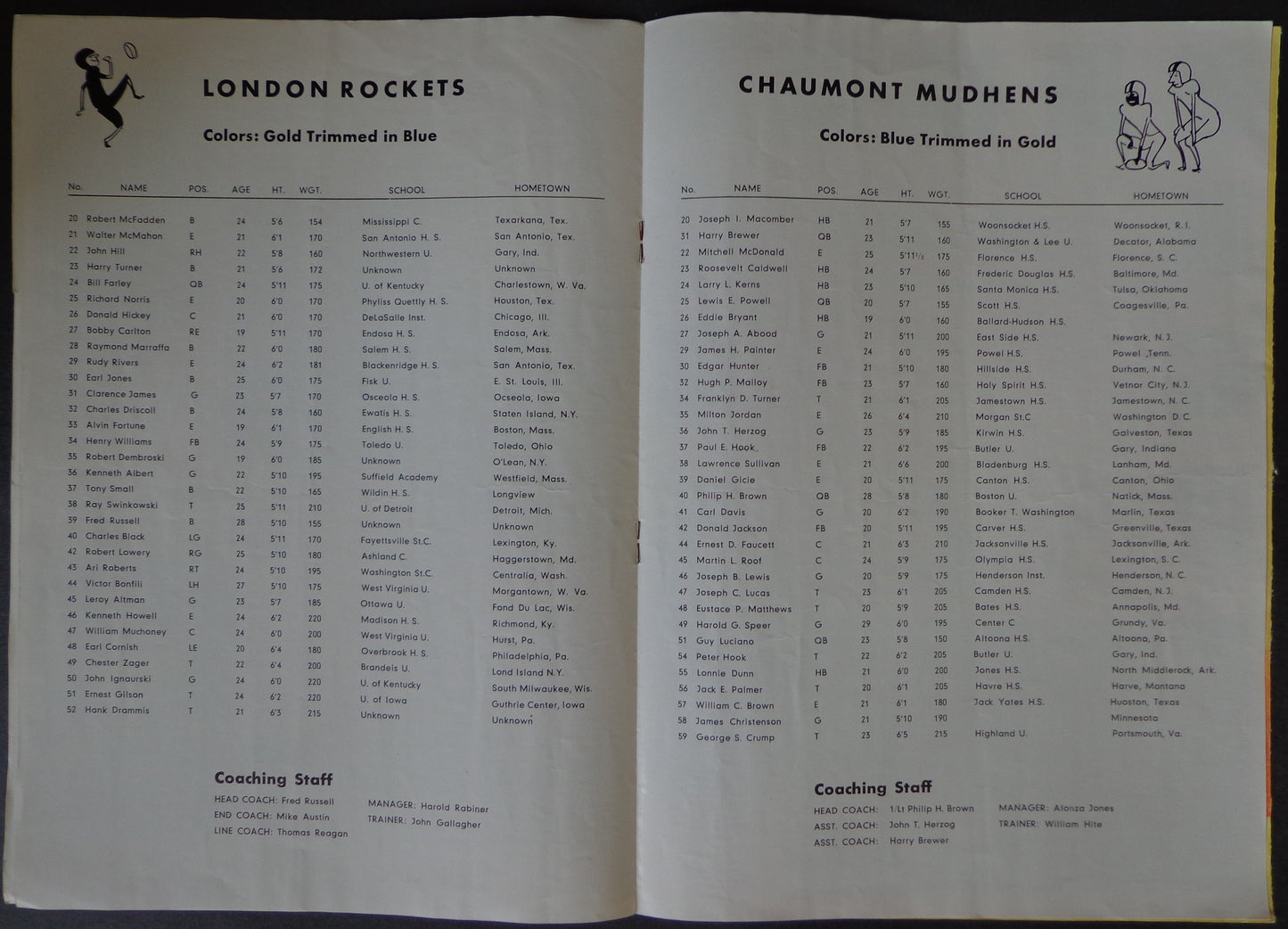 Nov. 27, 1954 London Rockets vs. Chaumont Mudhens Football Game Program 190069