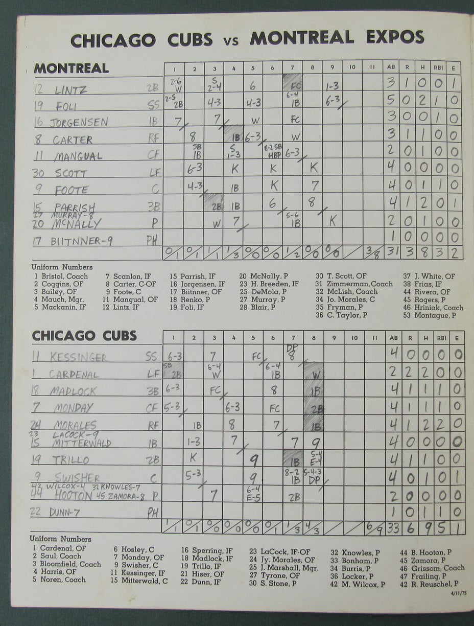 1975 Chicago Cubs vs. Montreal Expos Scored Official Program Carter 4/11/75