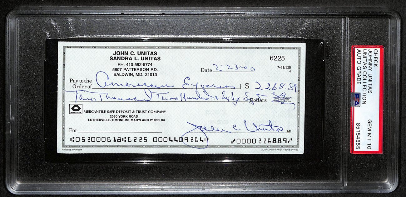 Johnny Unitas HOF Signed/Auto 2000 Bank Check Colts PSA/DNA GEM MT 10 192626