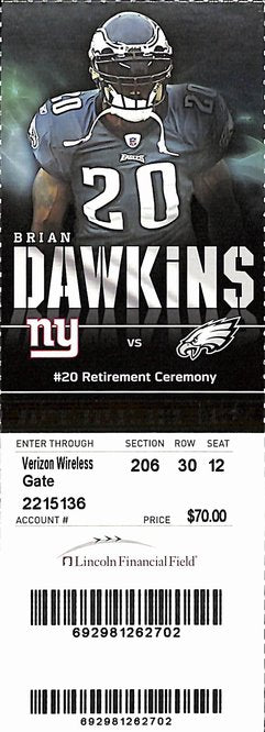 2012 Brian Dawkins HOF Retirement Ceremony Eagles vs. Giants Full Ticket 187847