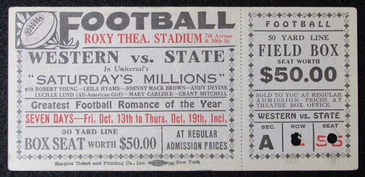 1933 Saturday's Millions Movie Ticket Stub Football Romance 10/13/33