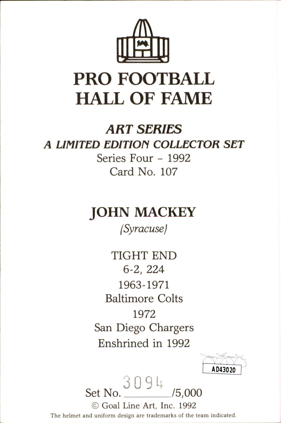 John Mackey HOF Autographed Goal Line Art GLAC Postcard Baltimore Colts JSA