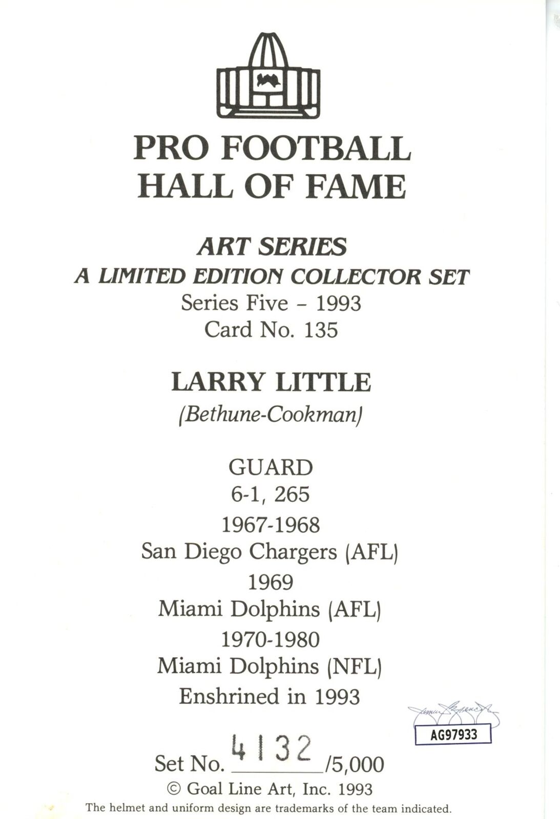 Larry Little HOF Autographed/Inscr Goal Line Art GLAC Postcard Dolphins JSA