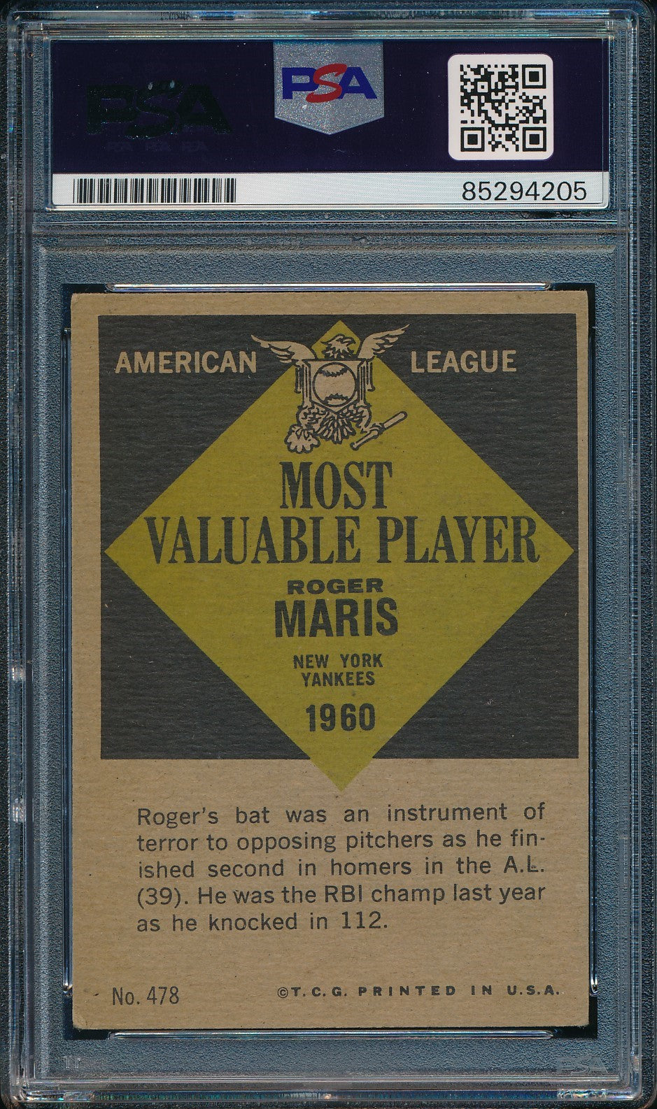 Roger Maris Signed/Autographed 1961 Topps Card #478 NY Yankees PSA/DNA 190590