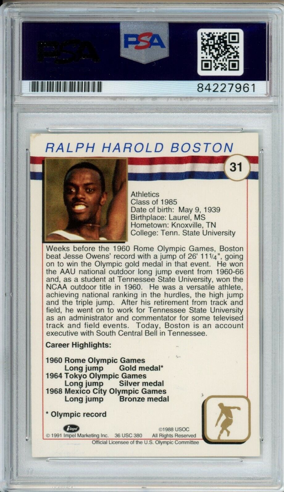 1991 Olympic Hall of Fame #31 Ralph Boston Long Jump Signed Card PSA/DNA 152975