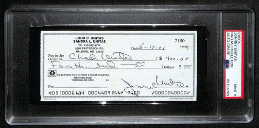 Johnny Unitas HOF Signed/Auto 2001 Bank Check Colts PSA/DNA MINT 9 192617