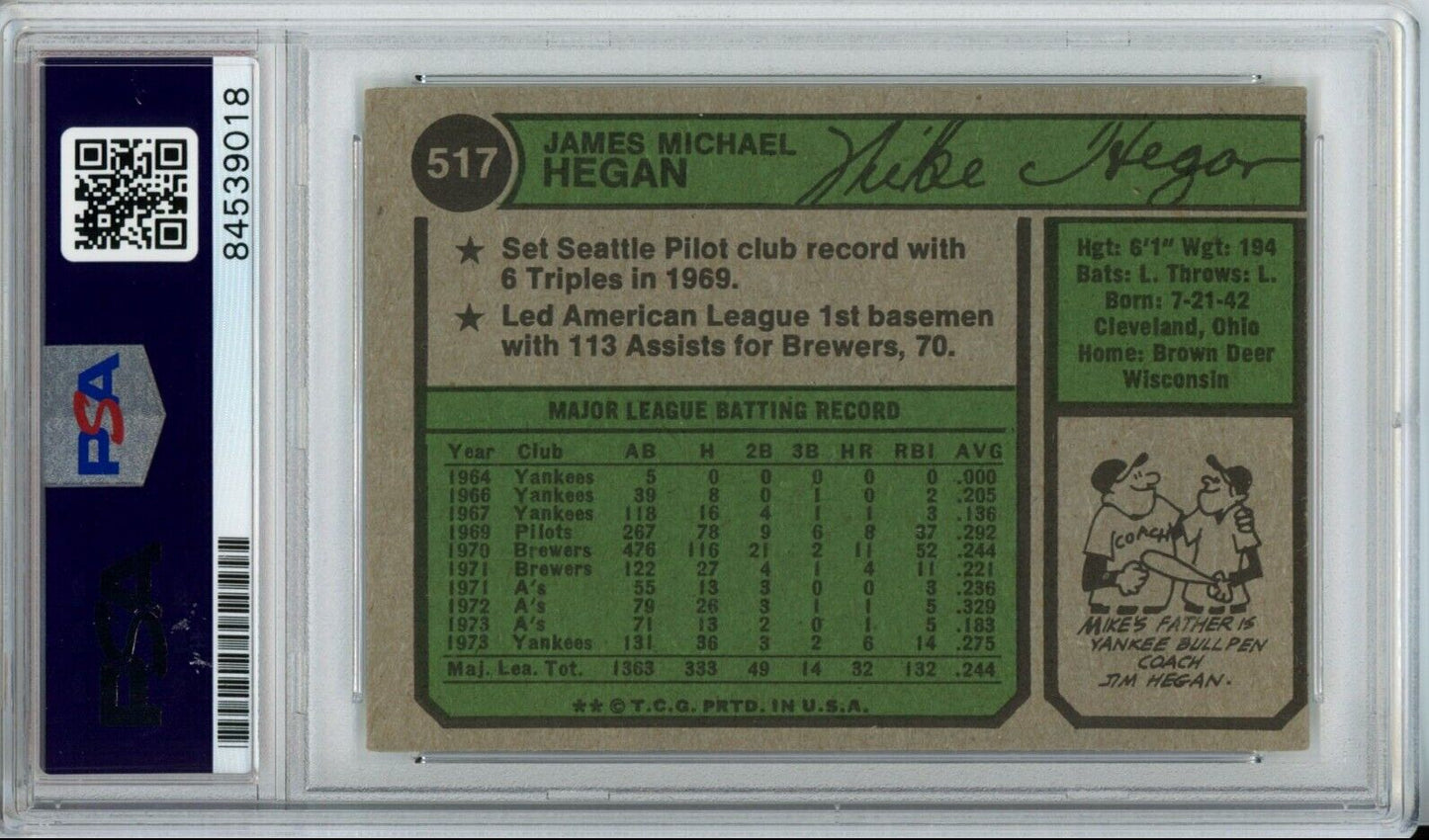 Mike Hegan Yankees Signed/Autographed 1974 TOPPS Card #517 PSA/DNA 166842