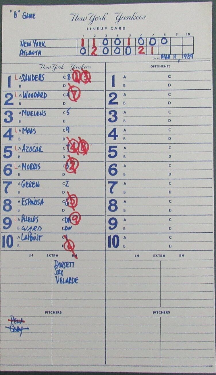 1989 New York Yankees Spring Training 9x15 Lineup Card vs.Braves Murphy 150877