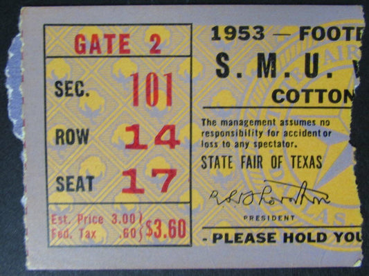 1953 Southern Methodist Home Game Ticket Stub from the Cotton Bowl 145434