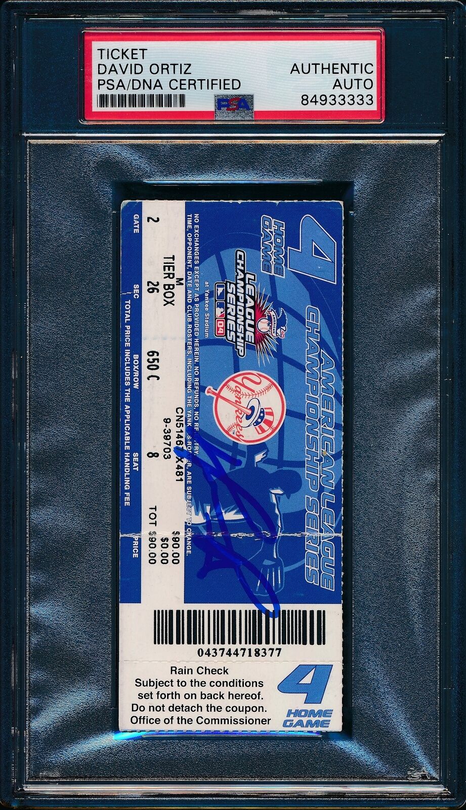 2004 ALCS Game 7 Ticket Clincher David Ortiz HOF Red Sox Signed/Auto PSA/DNA