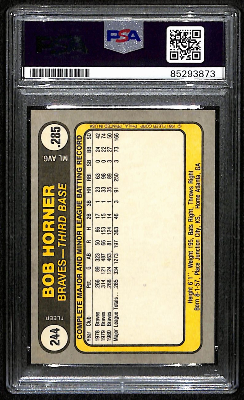 Bob Horner Signed/Autographed 1981 Fleer Card #285 Braves PSA/DNA 190660