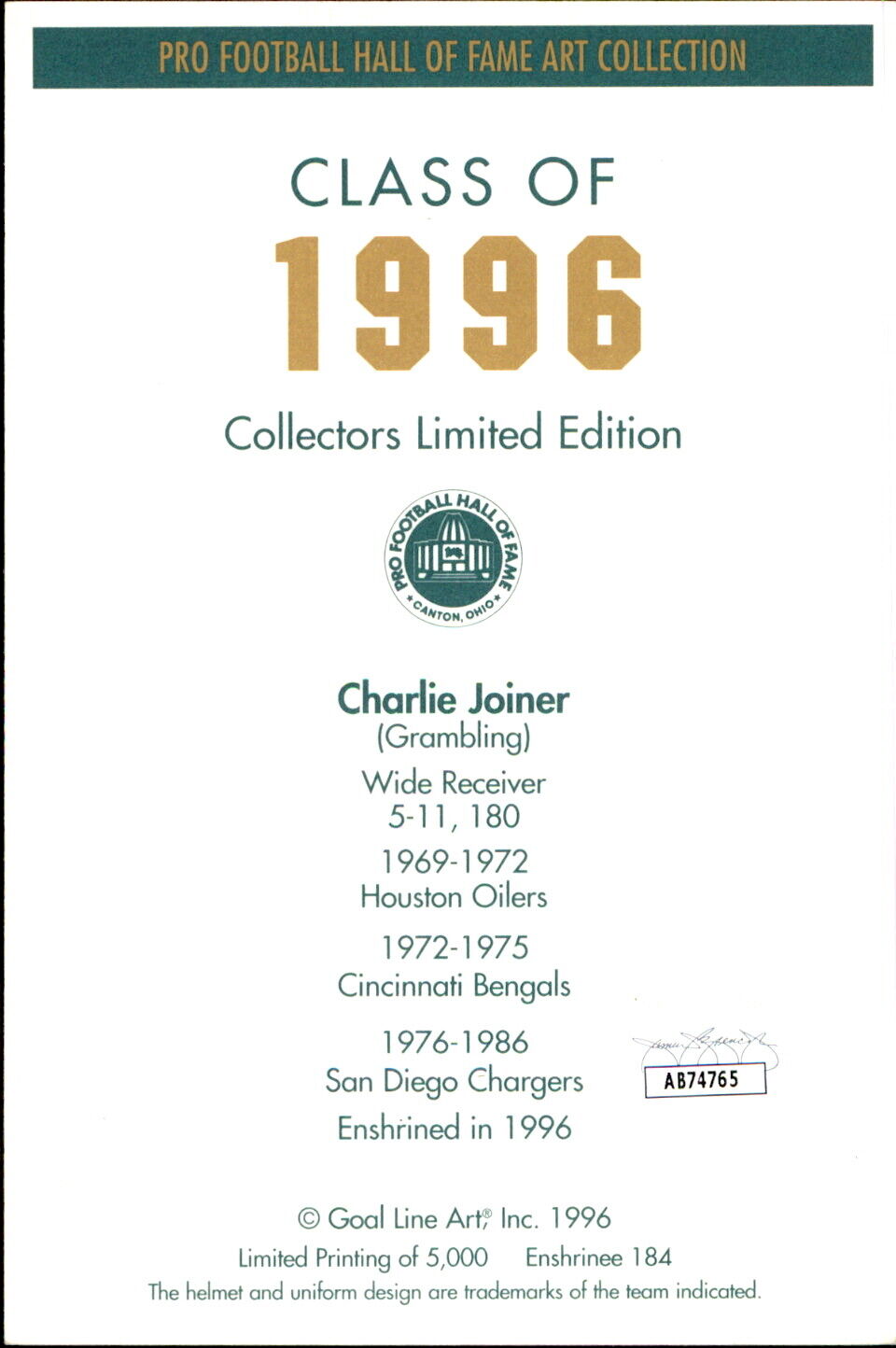 Charlie Joiner HOF Autographed Goal Line Art GLAC Postcard Chargers JSA