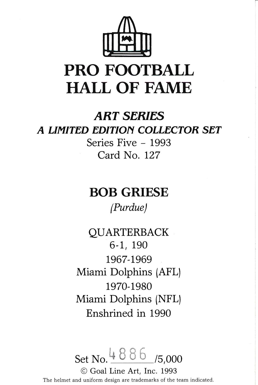 Bob Griese HOF Dolphins Signed/Inscribed Goal Line Art GLAC Postcard 163820