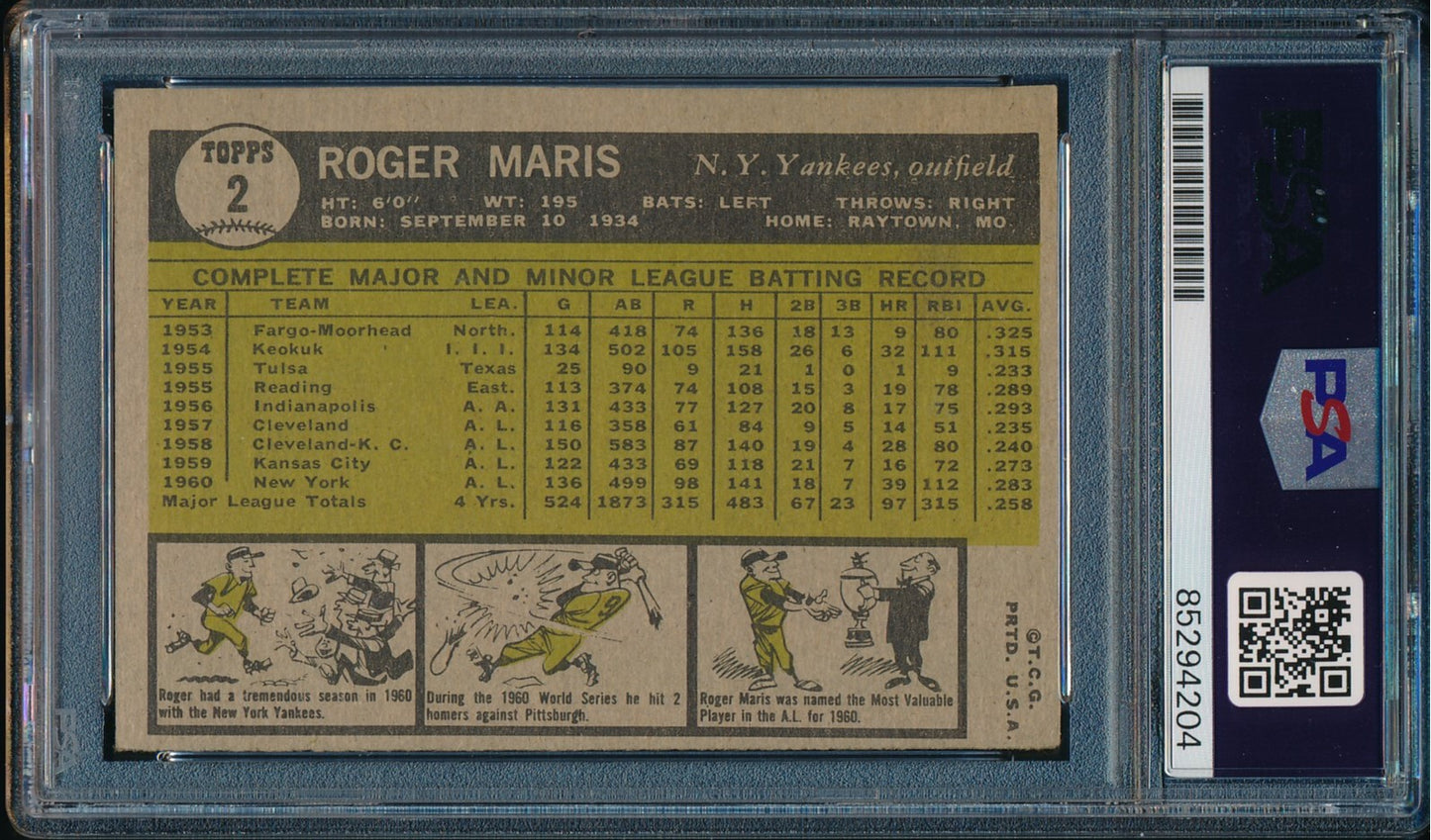 Roger Maris Signed/Autographed 1961 Topps Card #2 NY Yankees PSA/DNA 190589