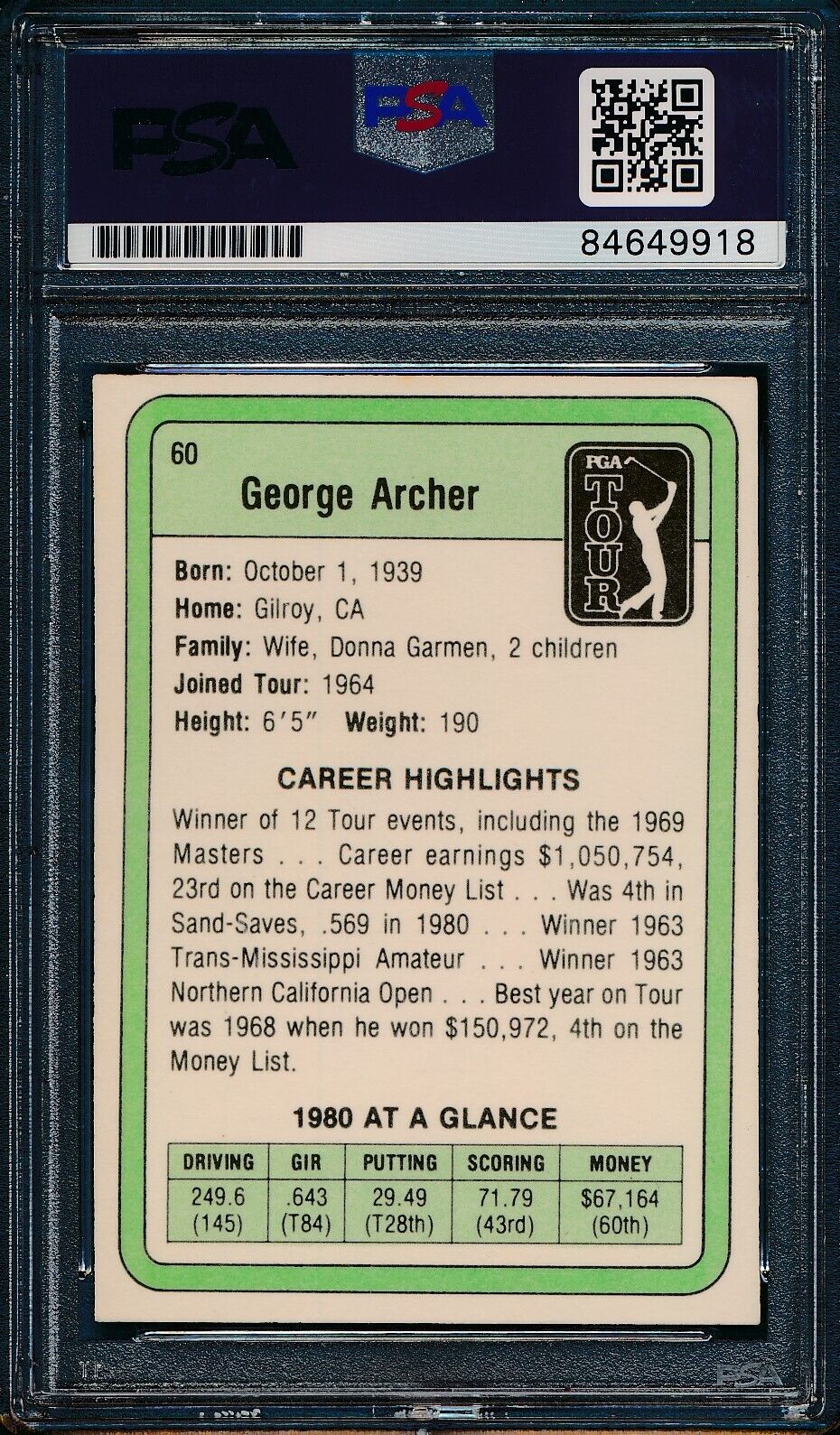 1981 DONRUSS PGA George Archer #60 Authentic Card Signed PSA/DNA 176043