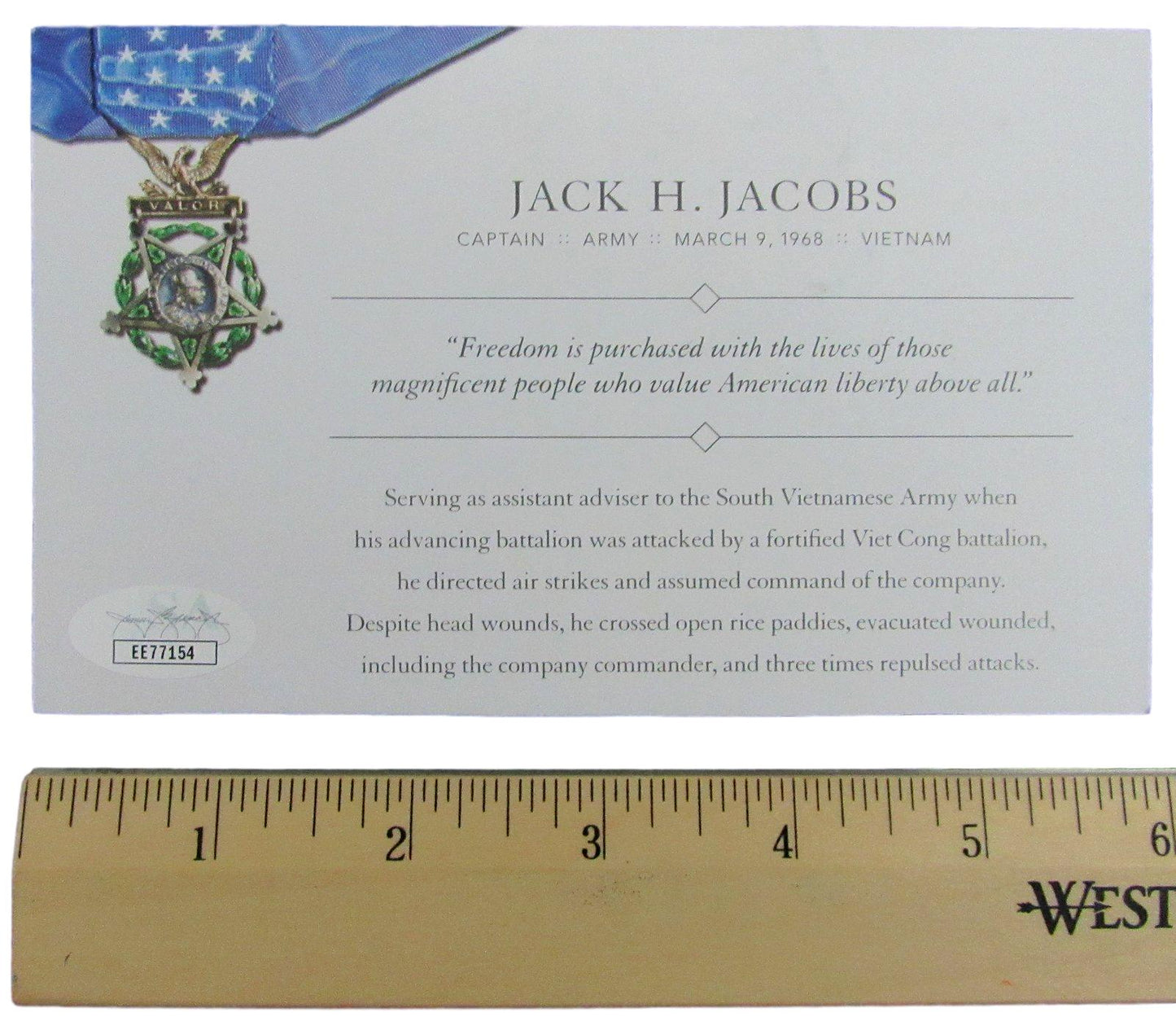 Jack H. Jacobs, MOH Recipient, Signed MOH 4x6 Society Card JSA 146371