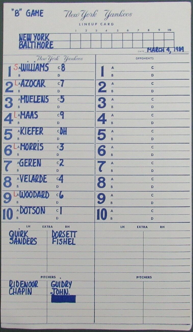 1989 New York Yankees Spring Training 9x15 Lineup Card vs.Orioles 150880