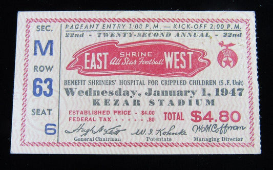 1947 Shrine Bowl East vs. West Ticket Stub, Kezar Stadium, SF California