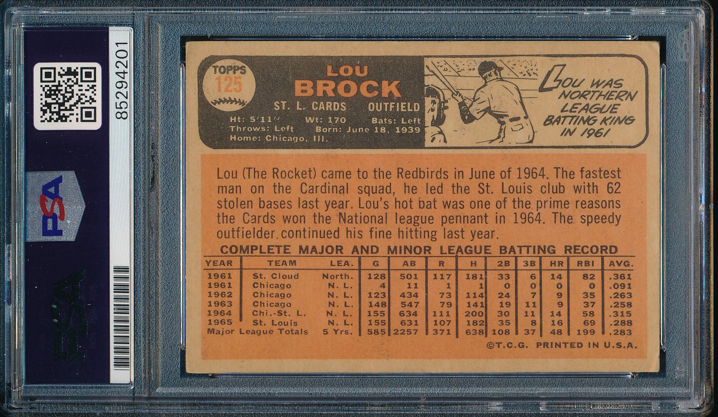Lou Brock HOF Signed/Autographed 1966 Topps Card #125 Cardinals PSA/DNA 190593