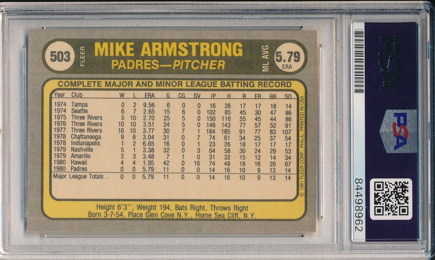 Mike Armstrong San Diego Padres Signed/Auto 1981 FLEER Card #503 PSA/DNA 166110