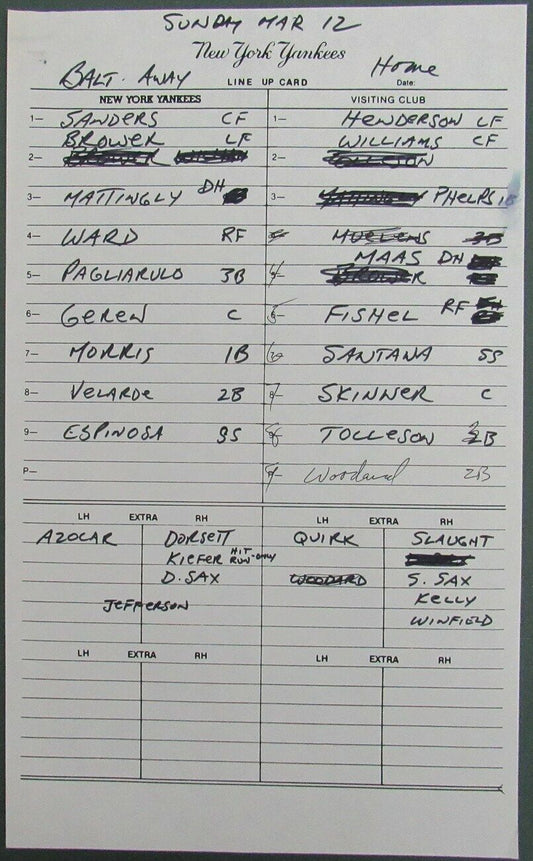 1989 New York Yankees Spring Training 9x15 Lineup Card vs. Intra squad 151346