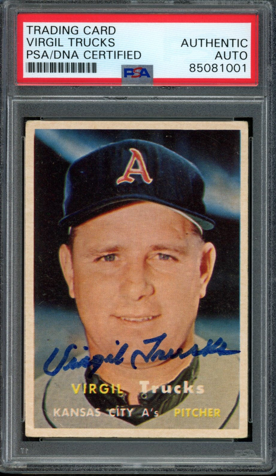 1957 TOPPS Virgil Trucks #187 Auth Card Signed KC A's PSA/DNA 184085