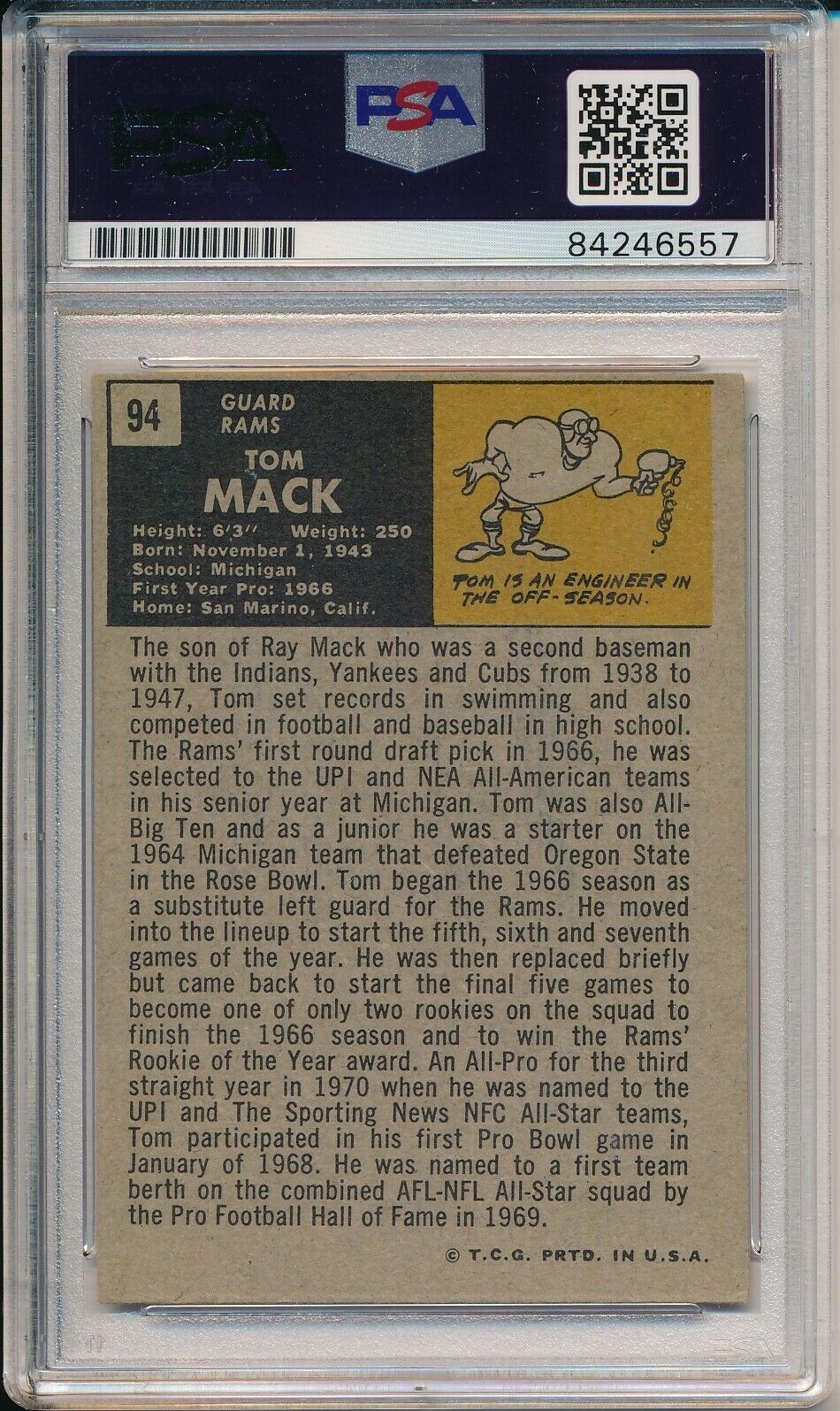 Tom Mack Los Angeles Rams Signed/Autographed 1971 Topps Card #94 PSA/DNA 155314