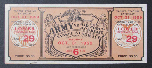 1959 Army vs Air Force Academy Proof Ticket 10/31/1959 Yankee Stadium