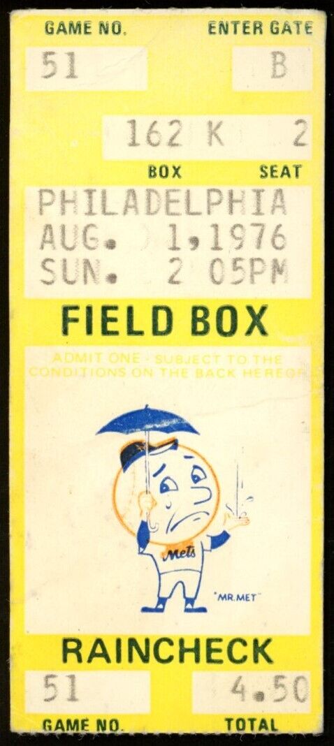 August 1, 1976 Phillies vs. Mets Ticket Stub Schmidt Hits Home Run 178015