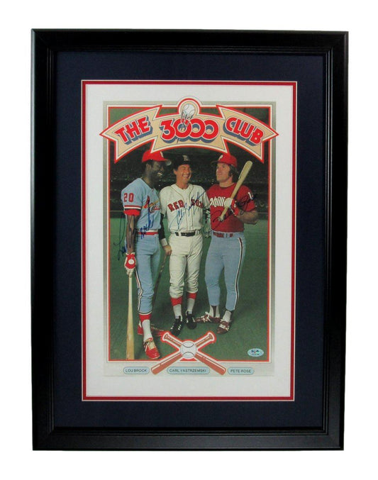 Brock/Carl Yastrzemski/Rose Multi-Signed 12X18 3000 Hit Club Poster Framed PSA