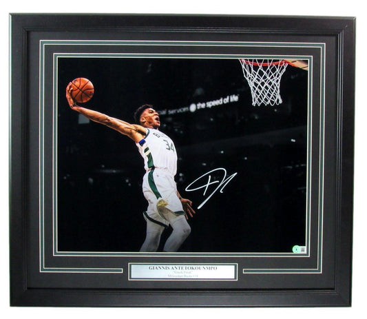 Giannis Antetokounmpo Autographed 16x20 Photo Bucks Framed Beckett 176545