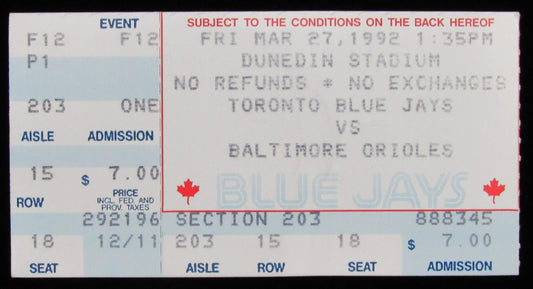 Lot of (2) Baltimore Orioles vs Toronto Blue Jays 3/27/92 Ticket Stubs 189871