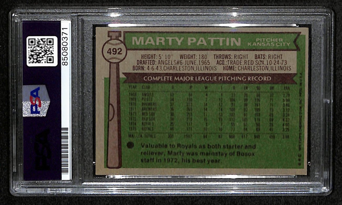 Marty Pattin Signed 1976 Topps Card #492 Kansas City Royals PSA/DNA 184388
