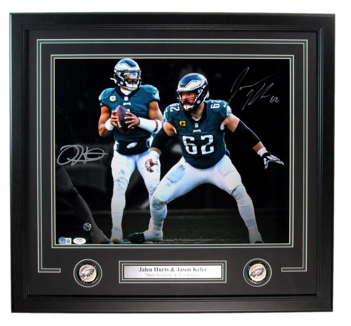 Jalen Hurts/Jason Kelce Autographed 16x20 Photo Eagles Framed PSA/DNA 180103