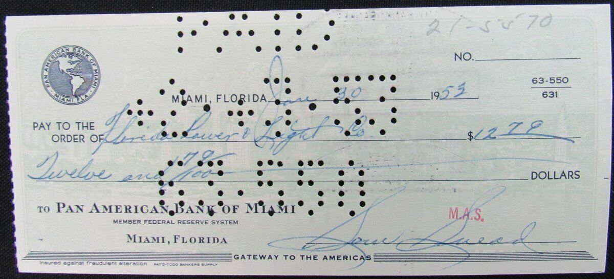 Sam Snead PGA Hall of Fame -1953 Hand Signed Personal Check Cancelled 149333