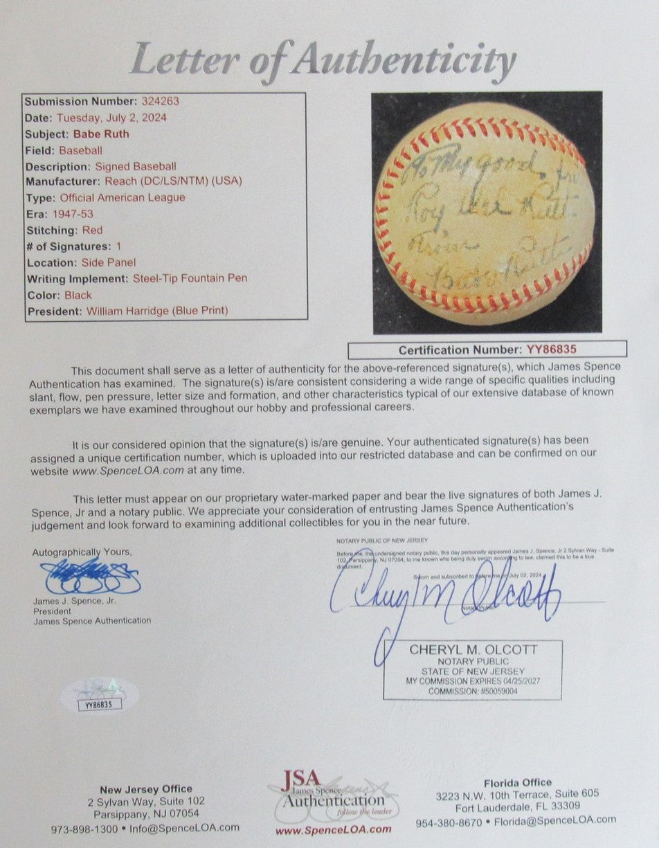 Babe Ruth HOF Yankees Signed/Inscribed Baseball to Roy Del Ruth JSA 193138