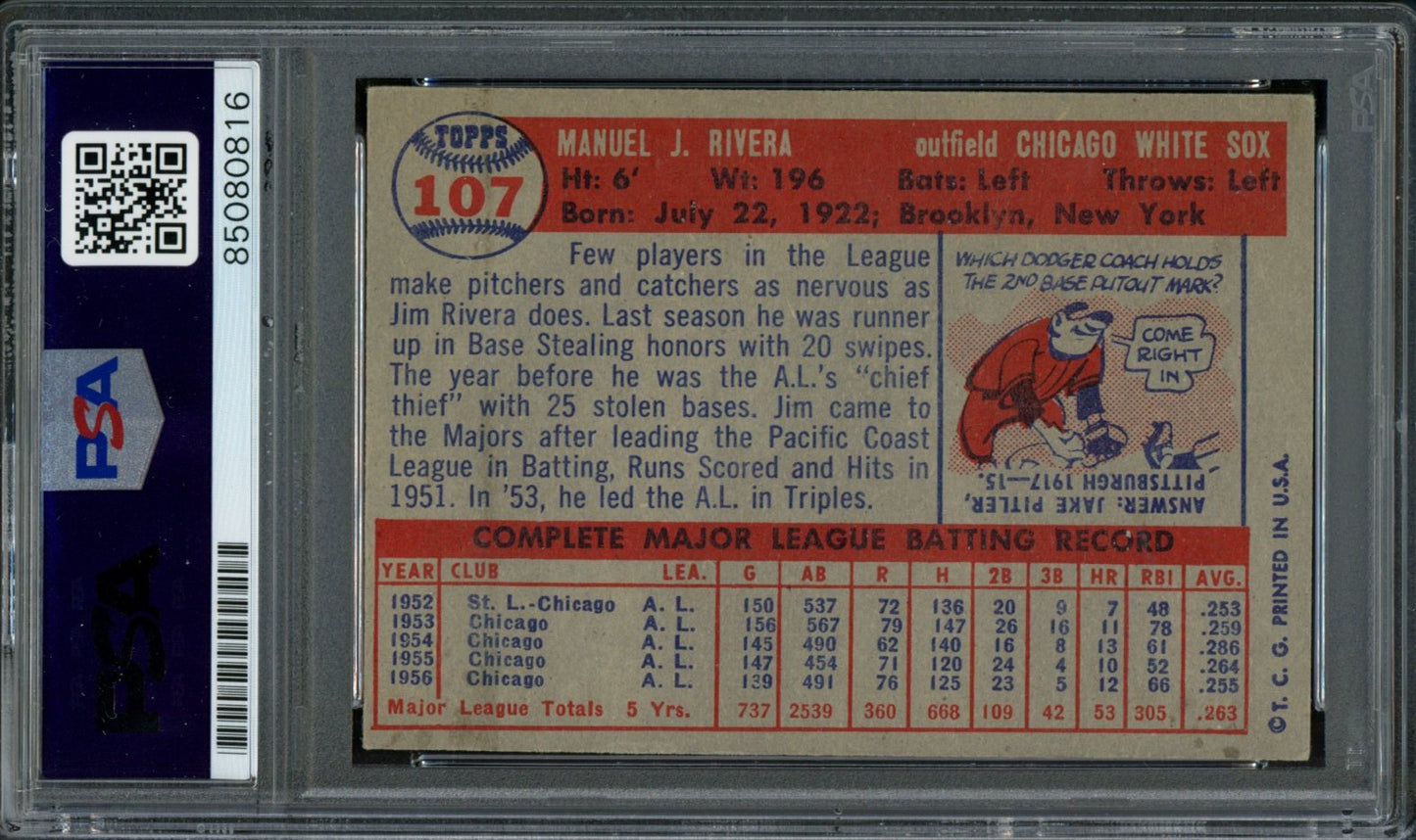 1957 TOPPS Jim Rivera #107 Auth Card Signed Chicago White Sox PSA/DNA 184124