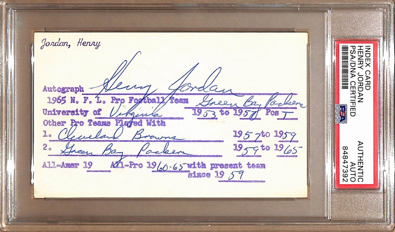 Henry Jordan HOF Autographed 3x5 Index Card Green Bay Packers PSA/DNA 179075