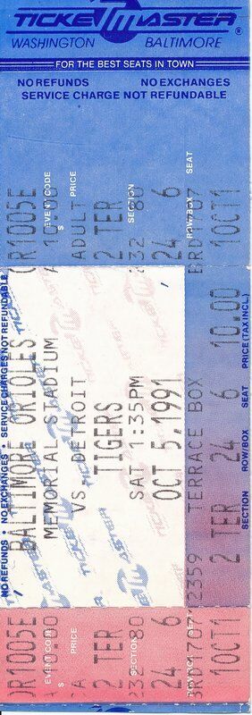 Orioles Next to Last Memorial Stadium Home Game Full Ticket Oct 5, 1991 139004