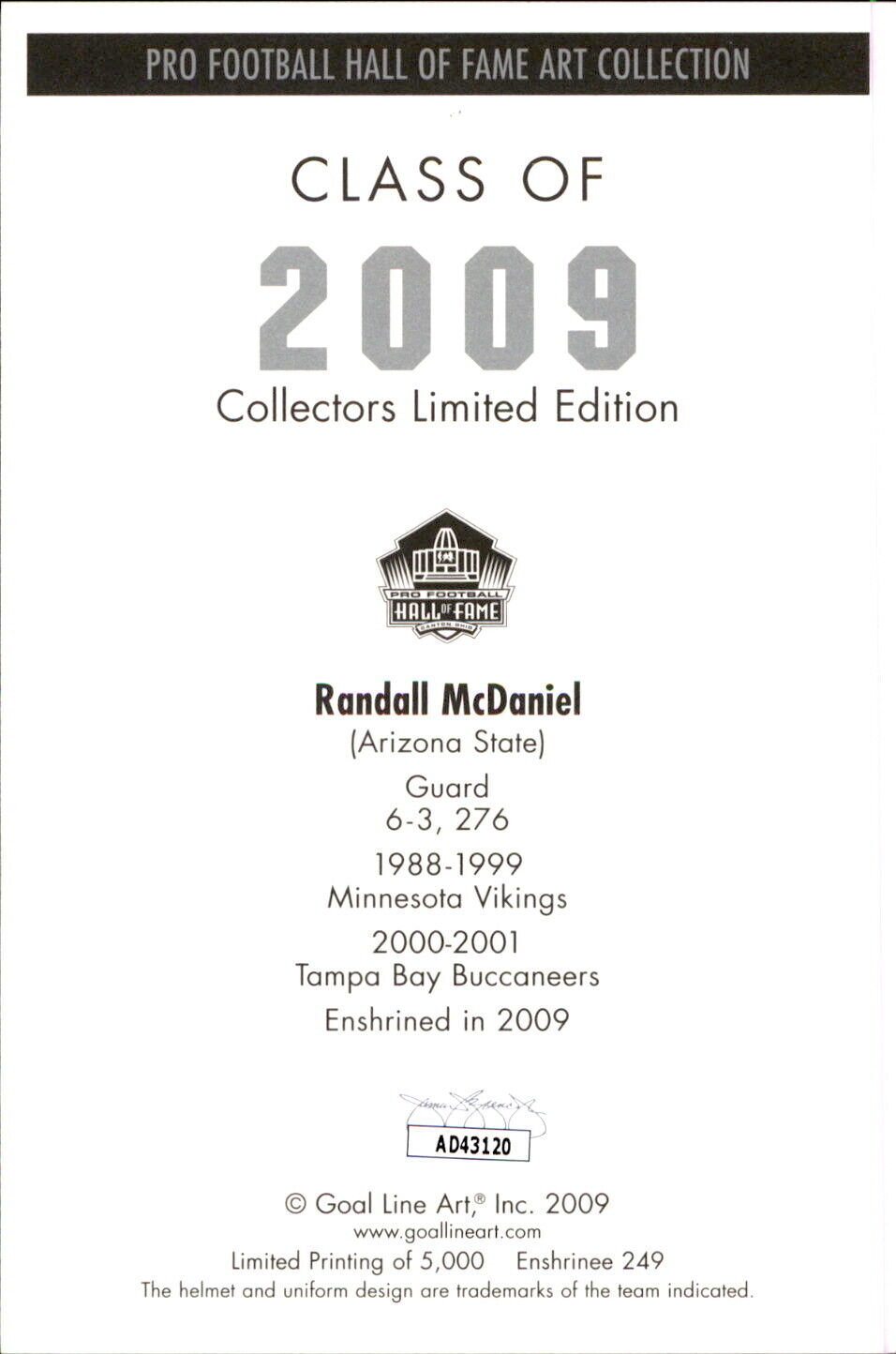 Randall McDaniel HOF Autographed Goal Line Art GLAC Postcard Vikings JSA