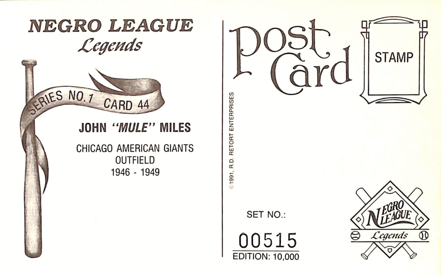 John "Mule" Miles Signed Negro League -Giants 1991 R.D Retort Post Card 181283