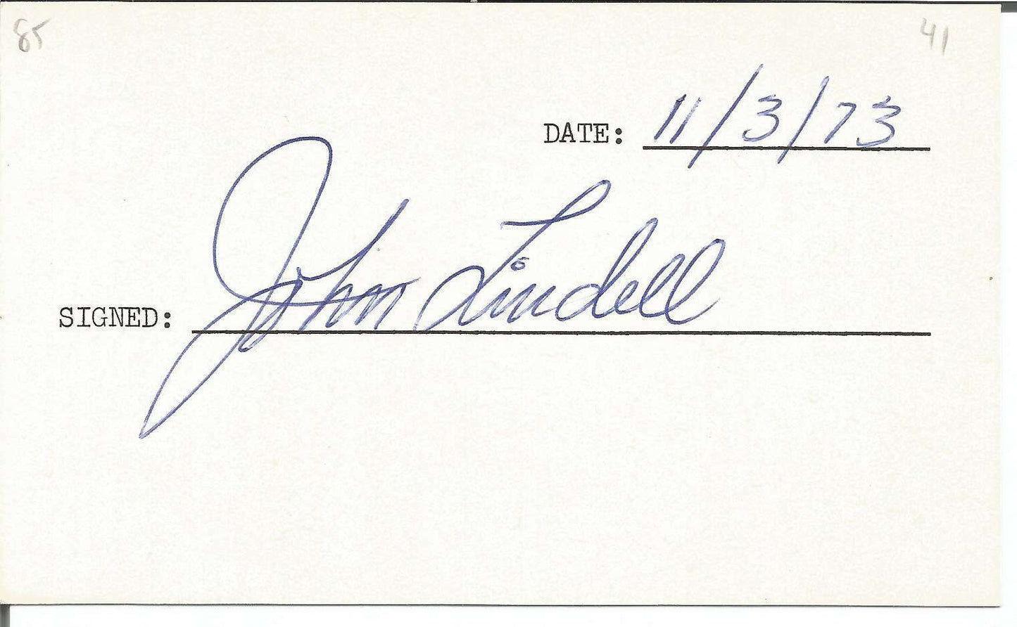 John Lindell New York Yankees Signed/Autographed 3x5 Index Card 150438