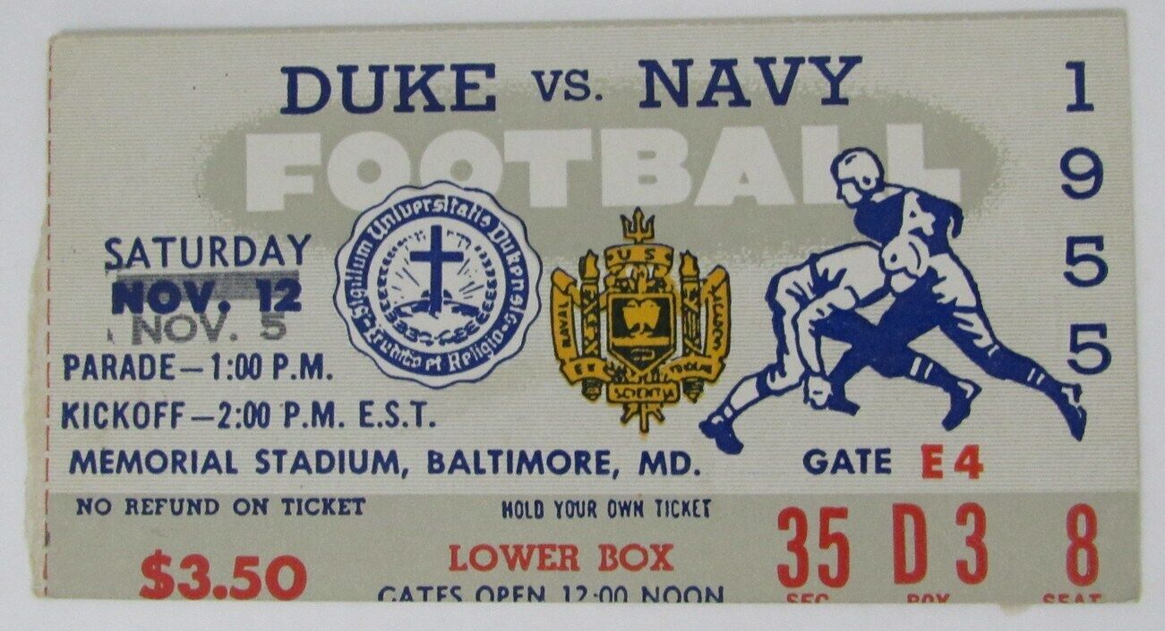 1955 Duke vs. Navy College Football Game Ticket Stub at Memorial Stadium