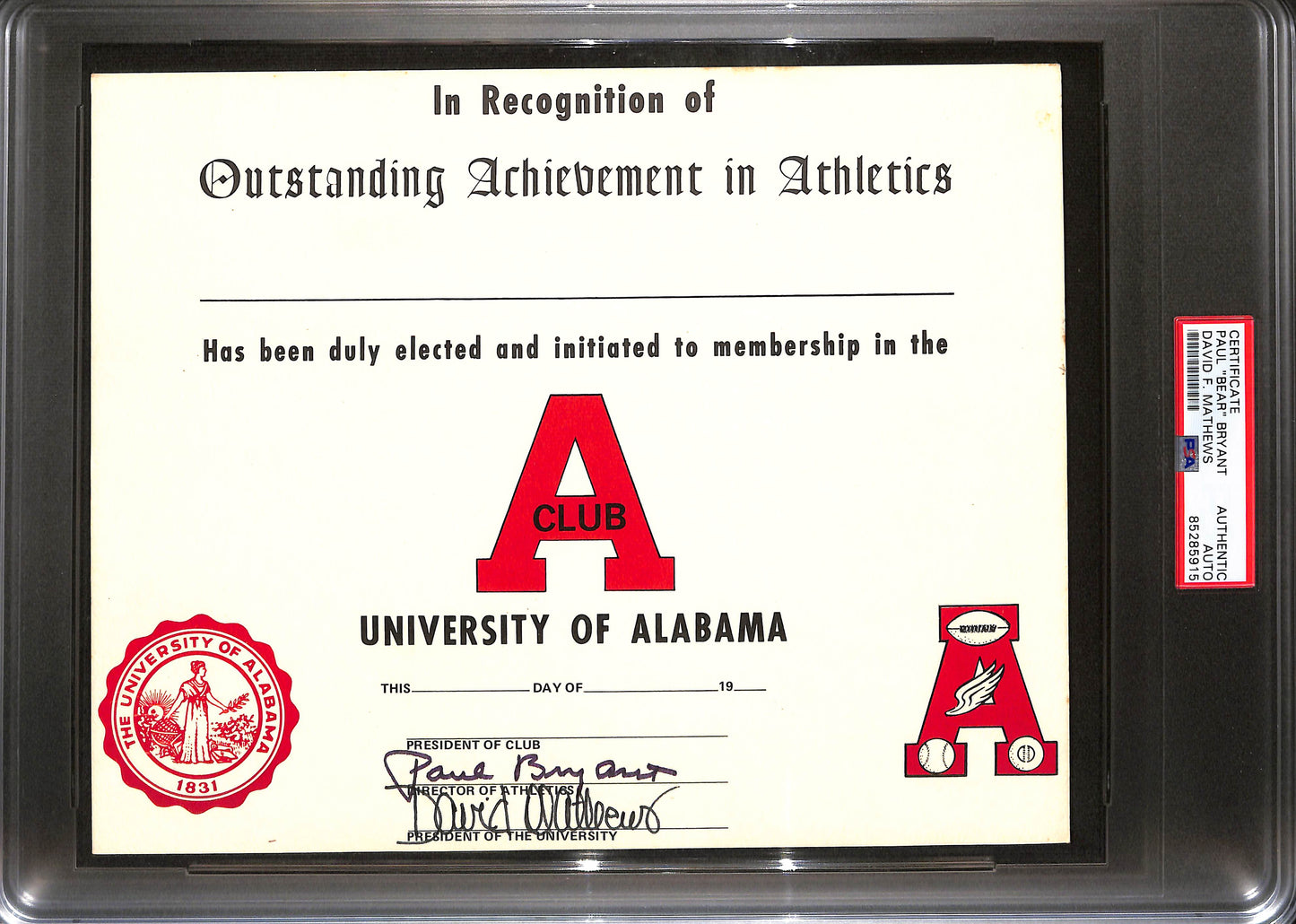 Paul Bear Bryant Signed/Auto Alabama Achievement Certificate PSA/DNA 190296