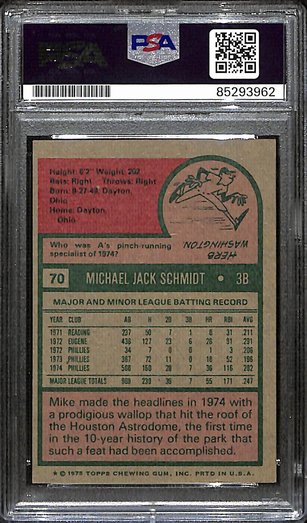 1975 Topps Mike Schmidt Phillies #70 Card Signed PSA/DNA GEM MINT 10 187943