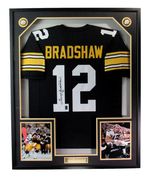 Terry Bradshaw HOF Autographed Black Football Jersey Steelers Framed JSA 186188