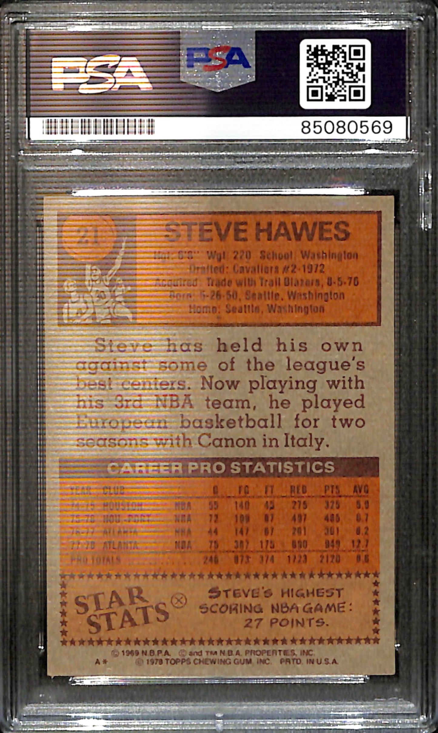 Steve Hawes Signed/Auto 1978 Topps Card #21 Atlanta Hawks PSA/DNA 185435