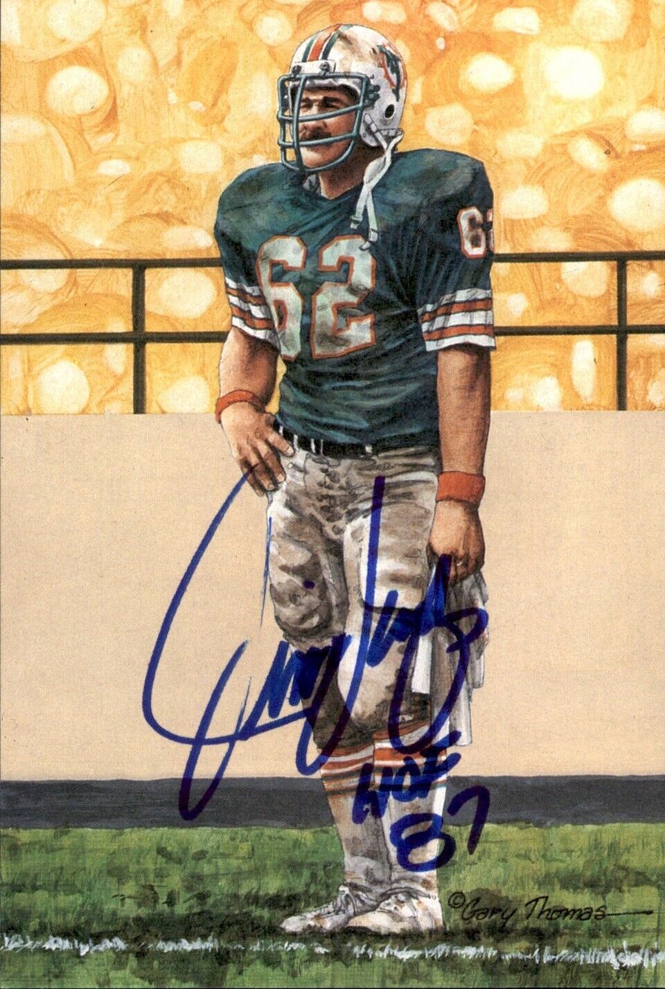 Jim Langer HOF Autographed/Inscr Goal Line Art GLAC Postcard Miami Dolphins JSA